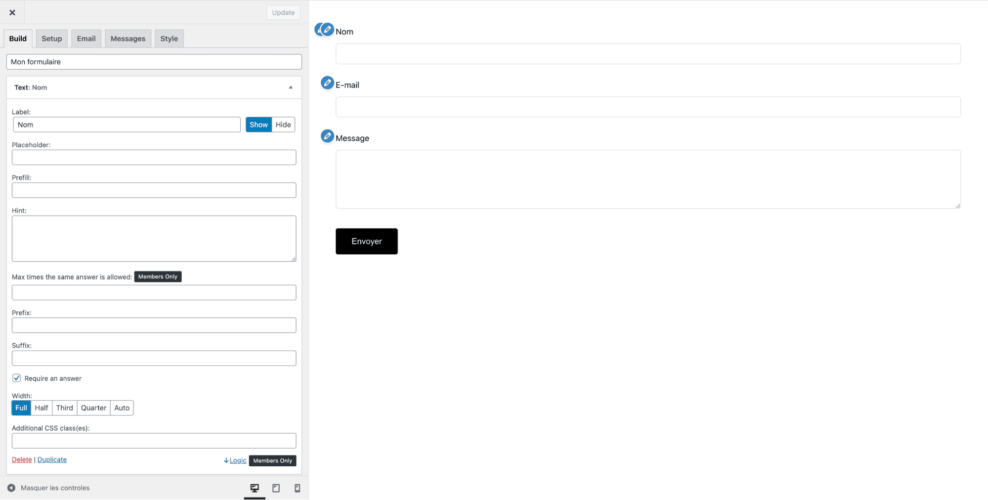 L'interface du plugin de formulaire Happyforms sur WordPress.