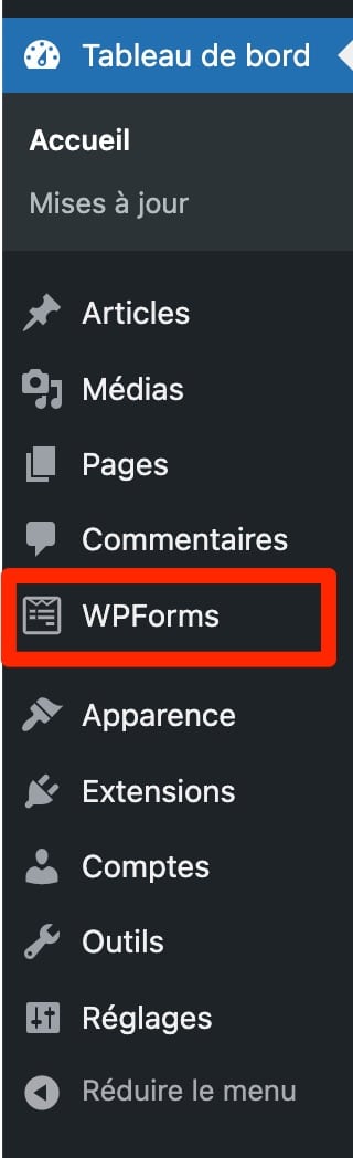 Le menu de réglages de Contact Form by WPForms.