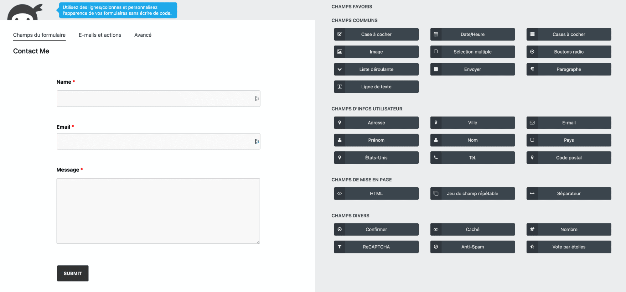 Interface de Ninja Forms, le plugin de formulaire de contact sur WordPress.