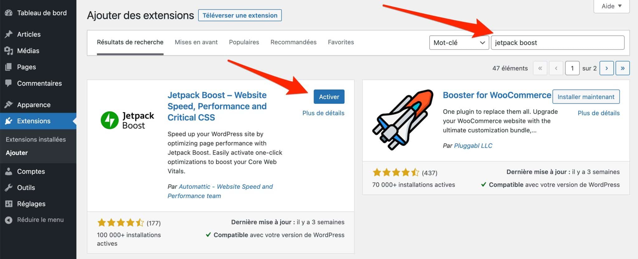 Installation et activation de l'extension Jetpack Boost sur le back-office WordPress.