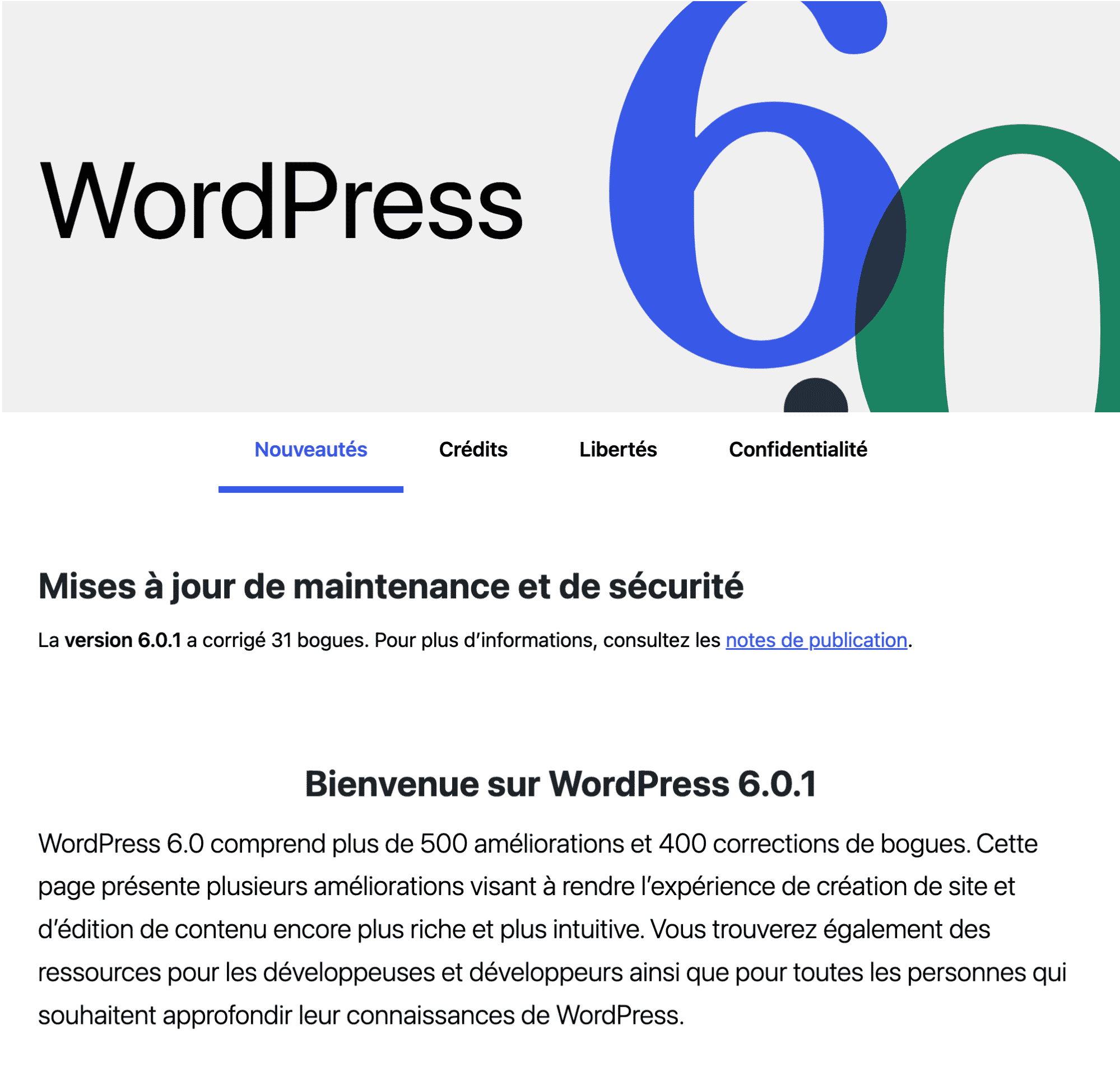 Mise à jour de WordPress vers la version 6.0.1.