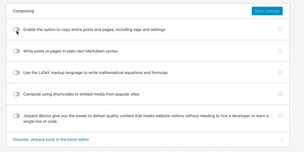 Activating or deactivating features on Jetpack.
