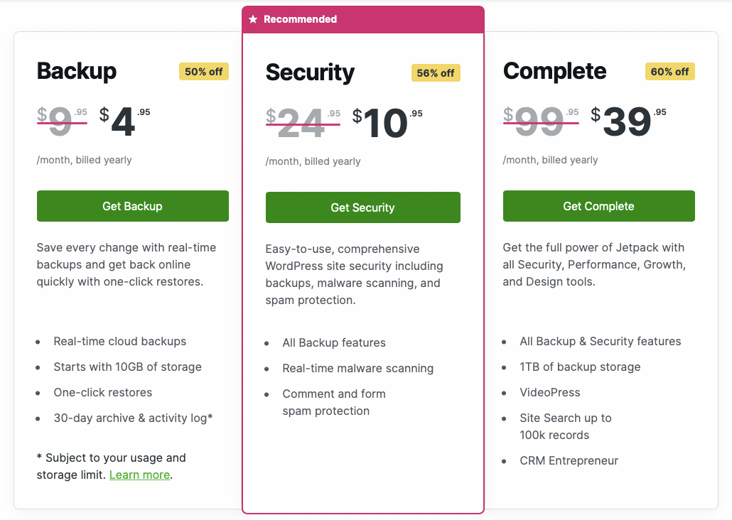 The licenses offered by Jetpack.