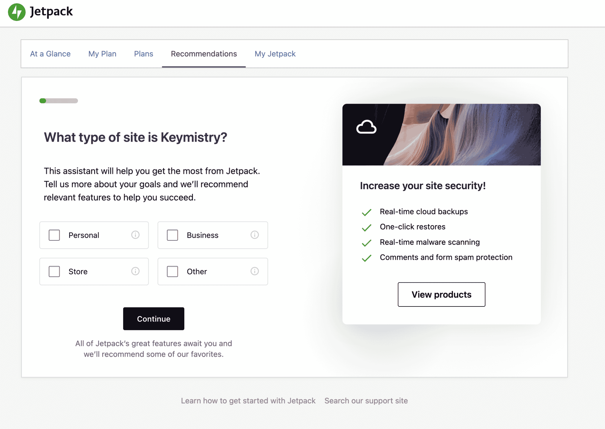 Jetpack's assistant helps you choose the most useful features for you.