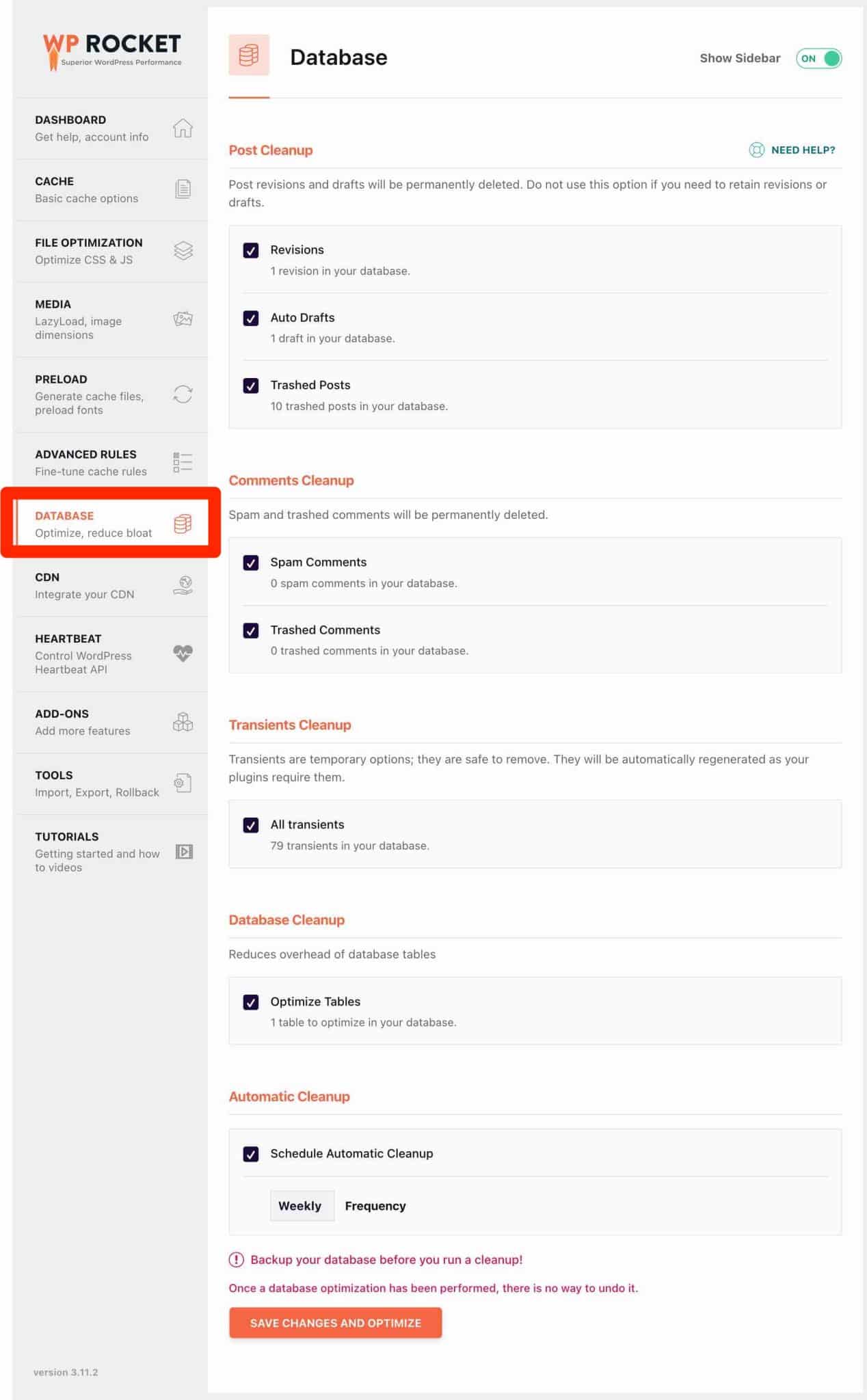 The database tab in WP Rocket.