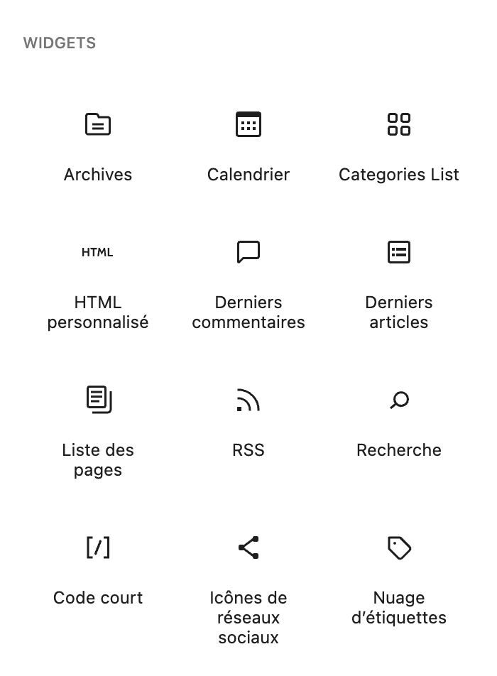 Liste des blocs classés dans la catégorie « Widgets » par défaut de WordPress.