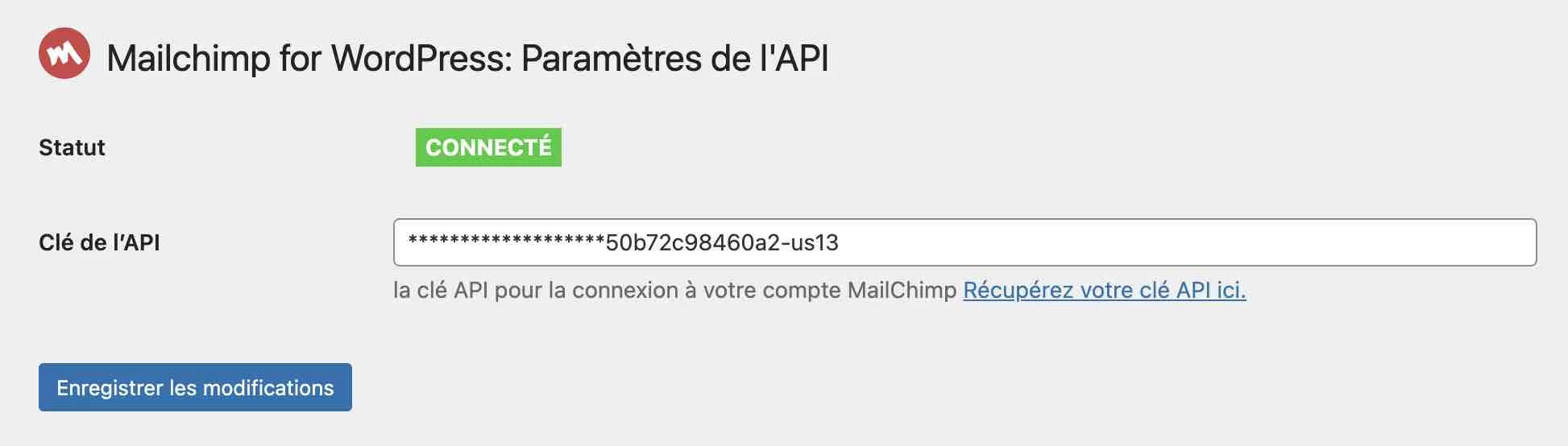 Connexion d'une clé API à Mailchimp for WordPress.