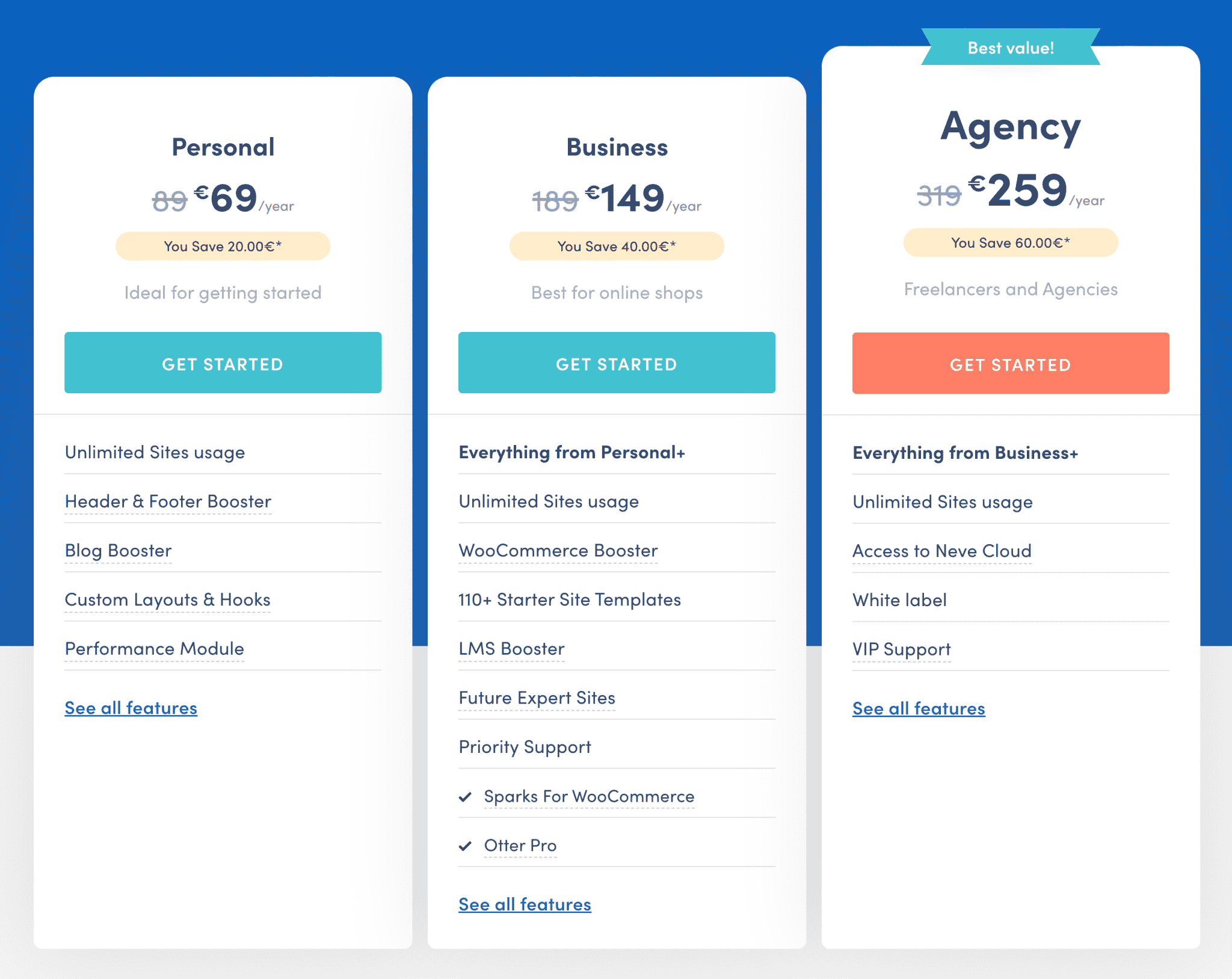 Les offres du thème WordPress Neve.