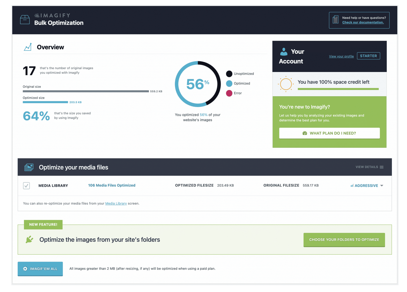 Imagify allows you to compress images en masse.