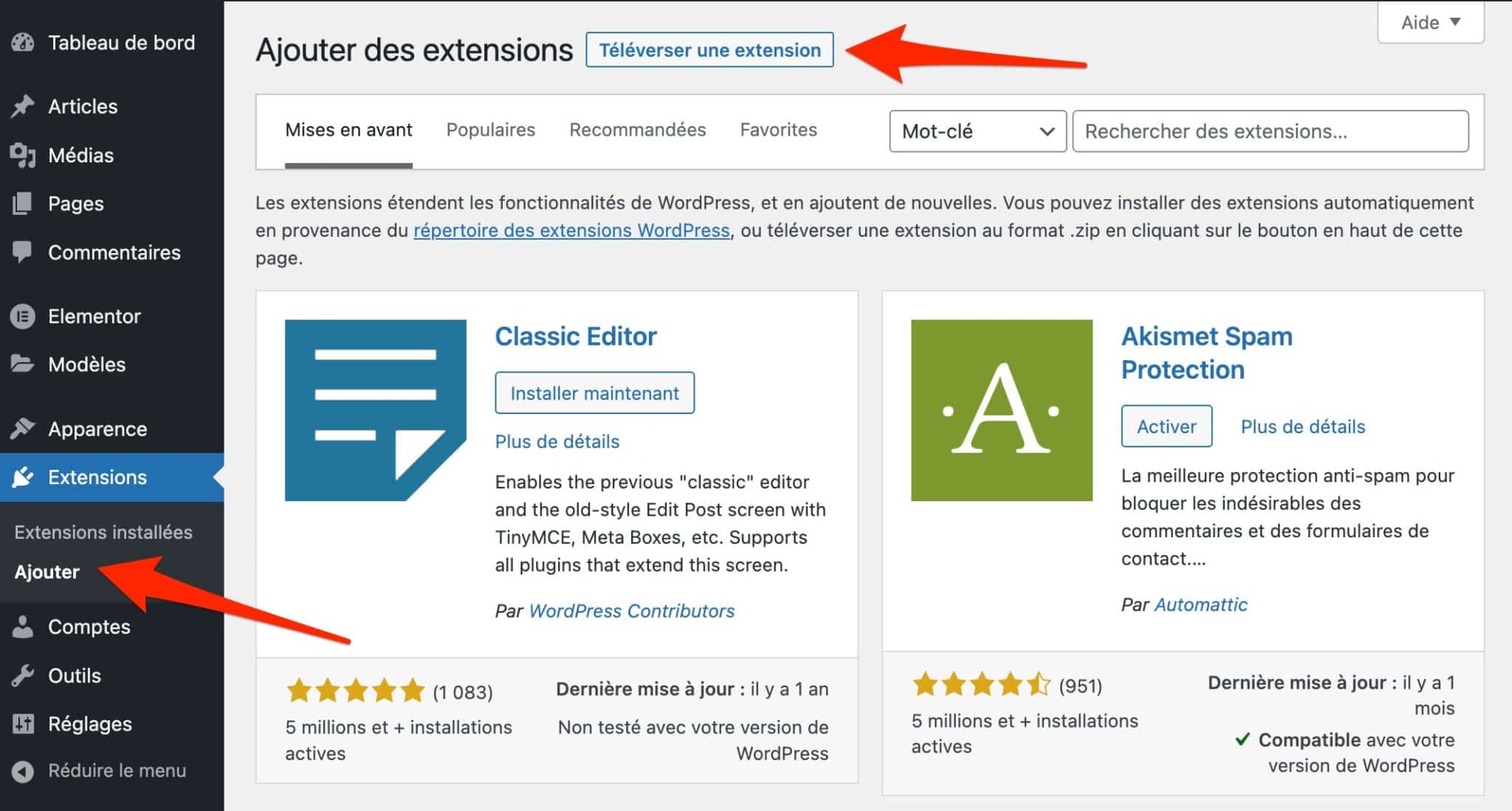 Ajout de l'extension Ultimate Addons for Elementor sur le back office WordPress.