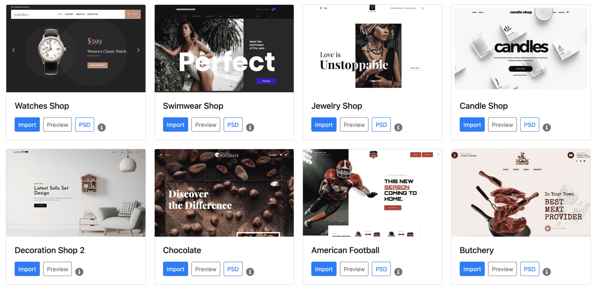 Some ecommerce templates offered by Jupiter X2