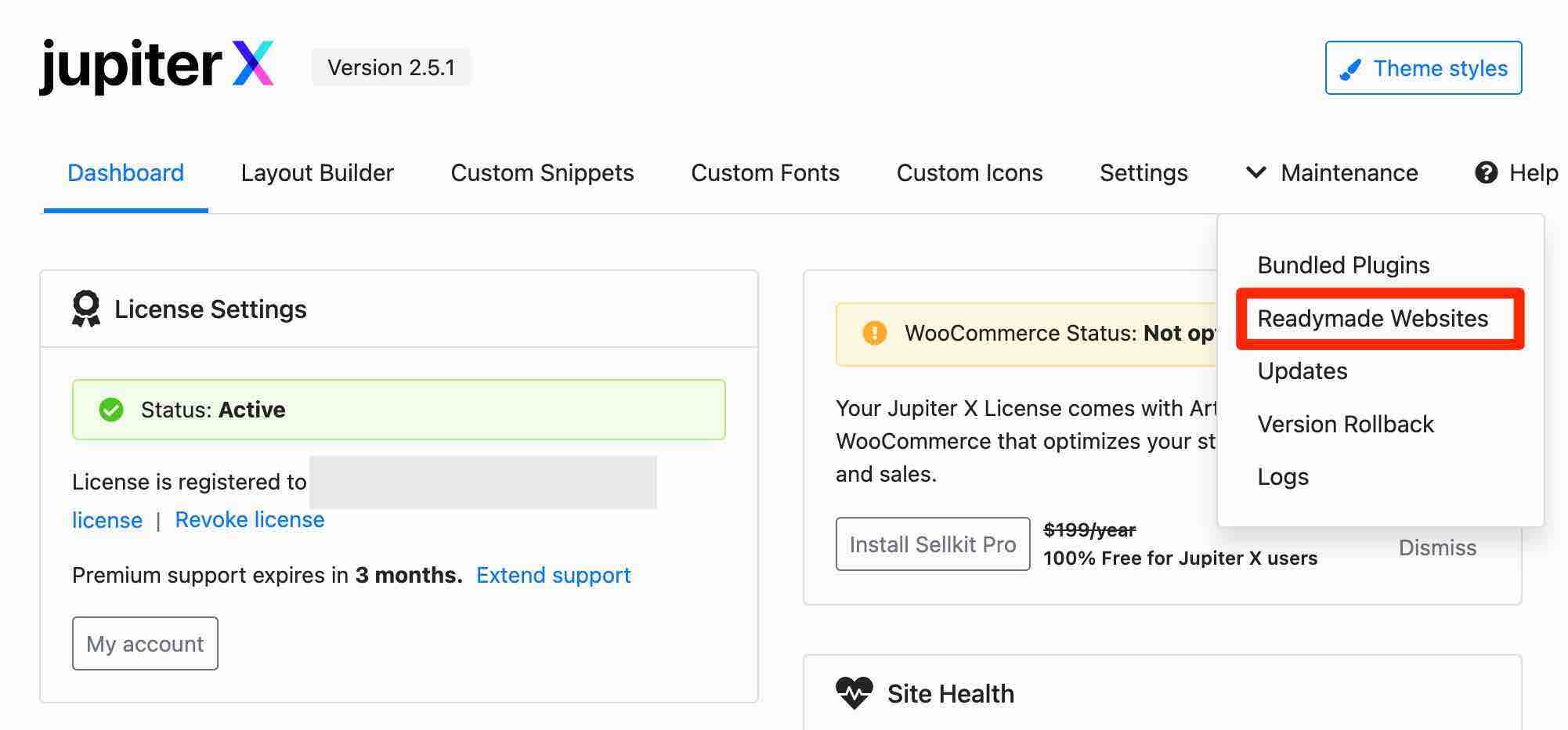 Readymade Websites available on the Jupiter X2 theme dashboard.