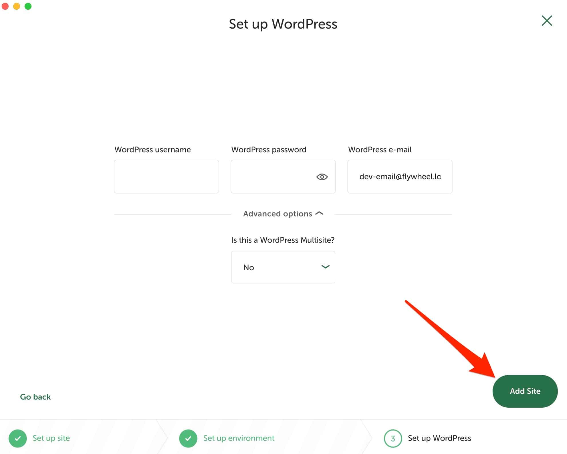 Finishing the process of creating a site requires creating a username, a password, and an email address on Local.