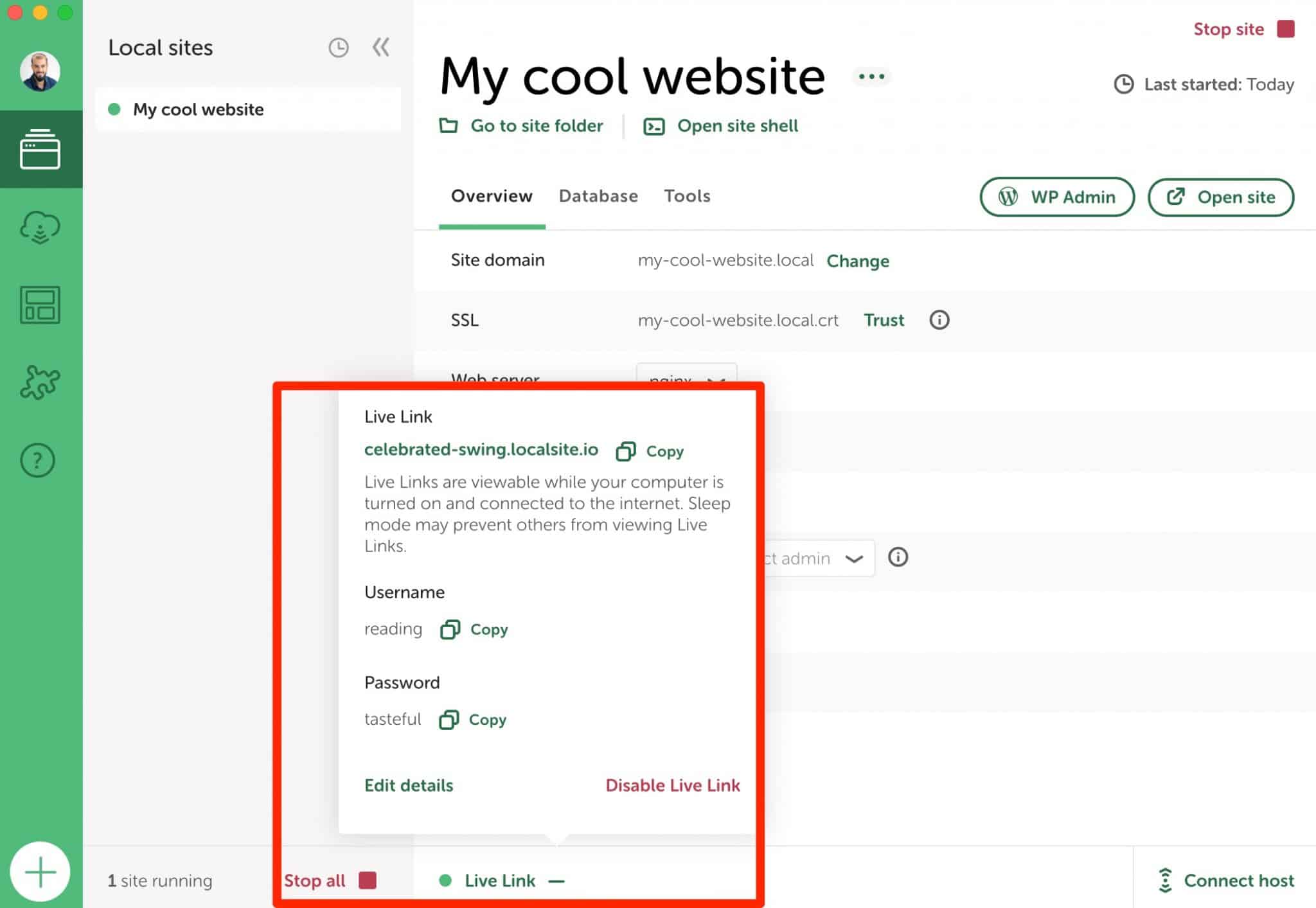 With Local by Flywheel, a Live Link can be customized.