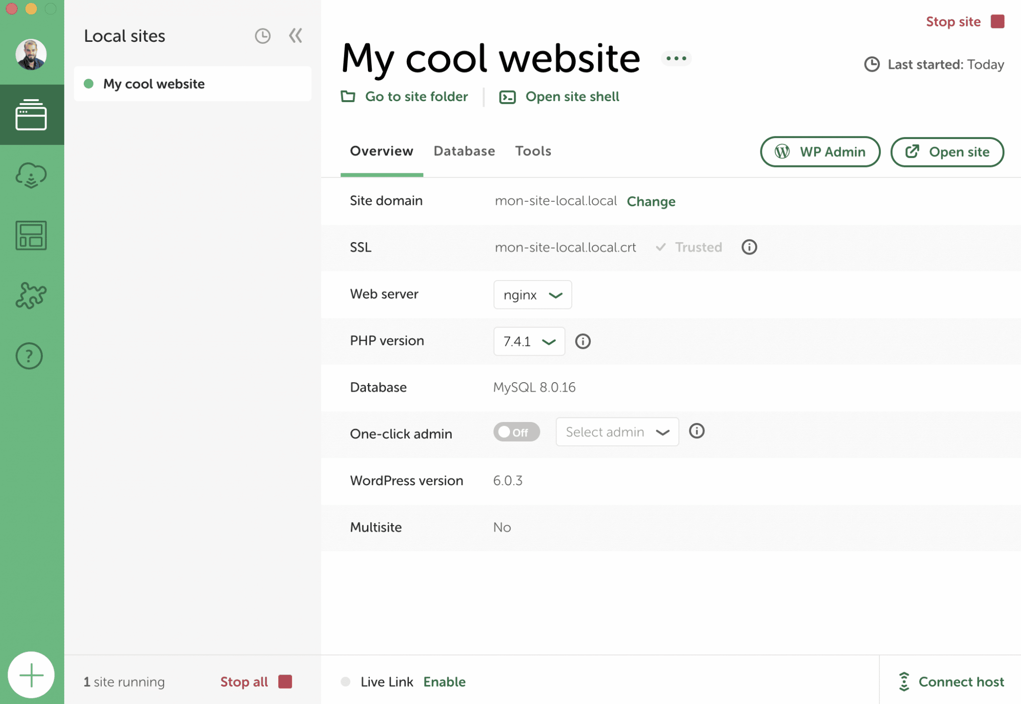 Dashboard of a site created with Local.