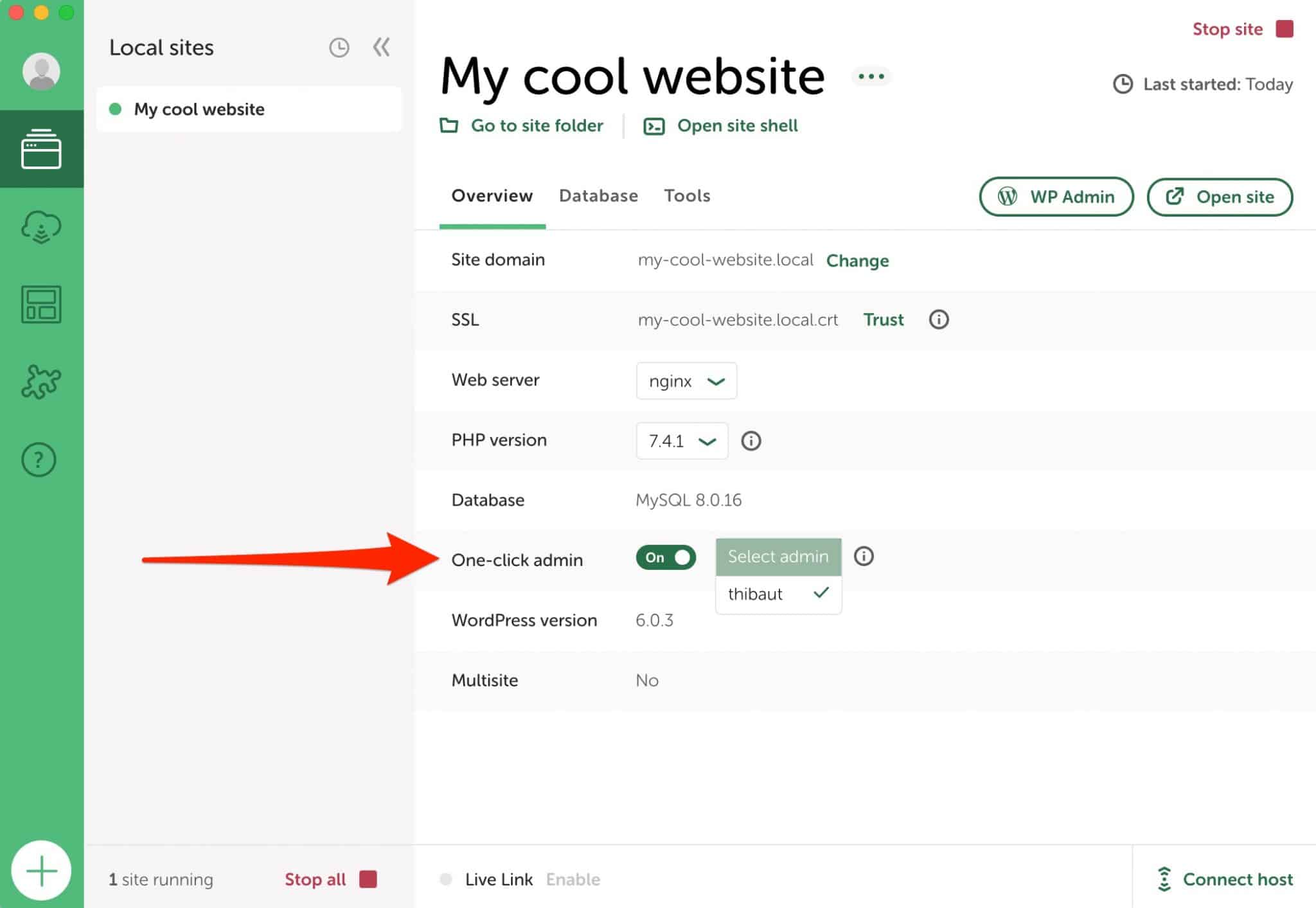 Local by Flywheel has an option to connect in one click to the WordPress admin. 