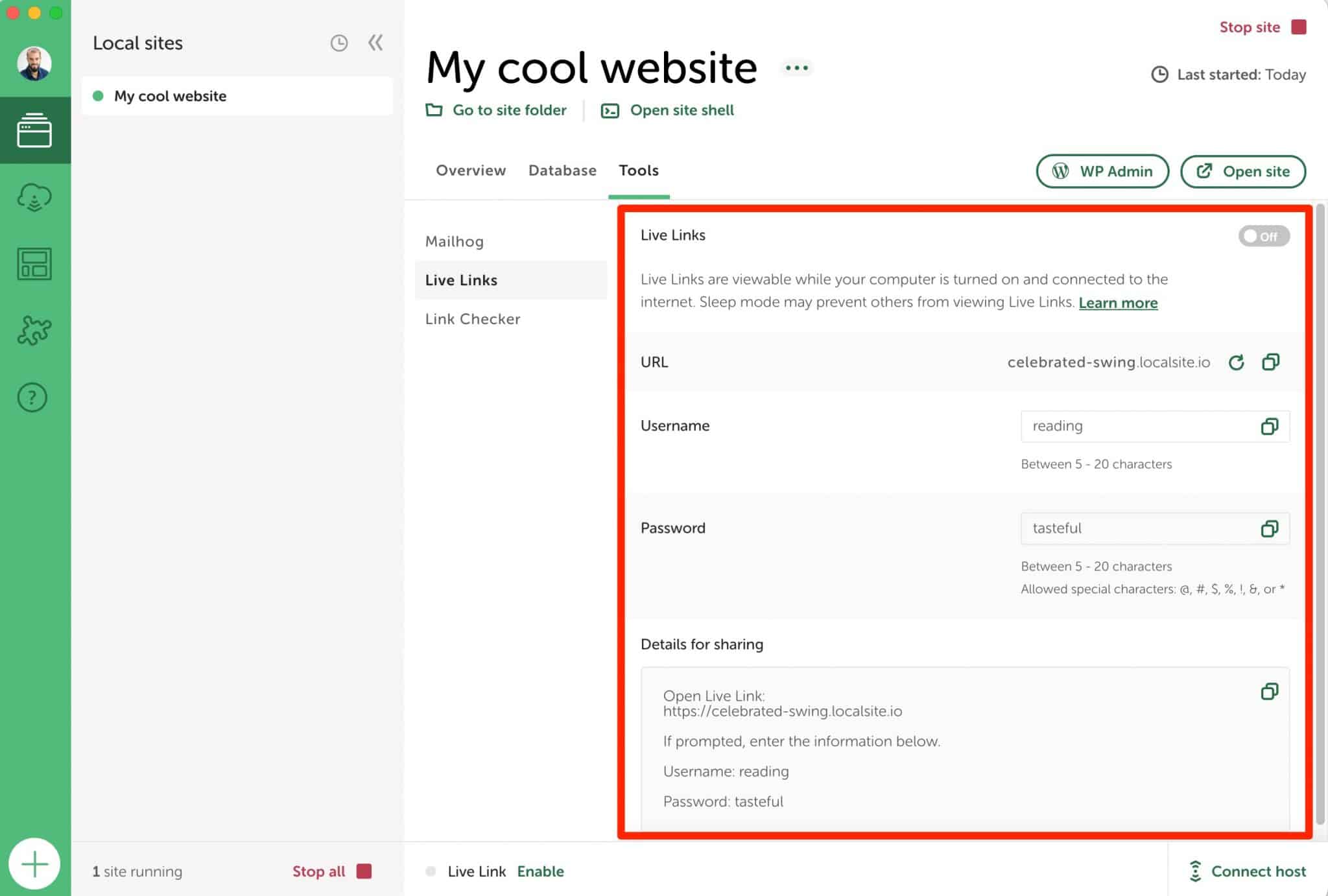Modifying a Live Link on the Local by Flywheel dashboard.