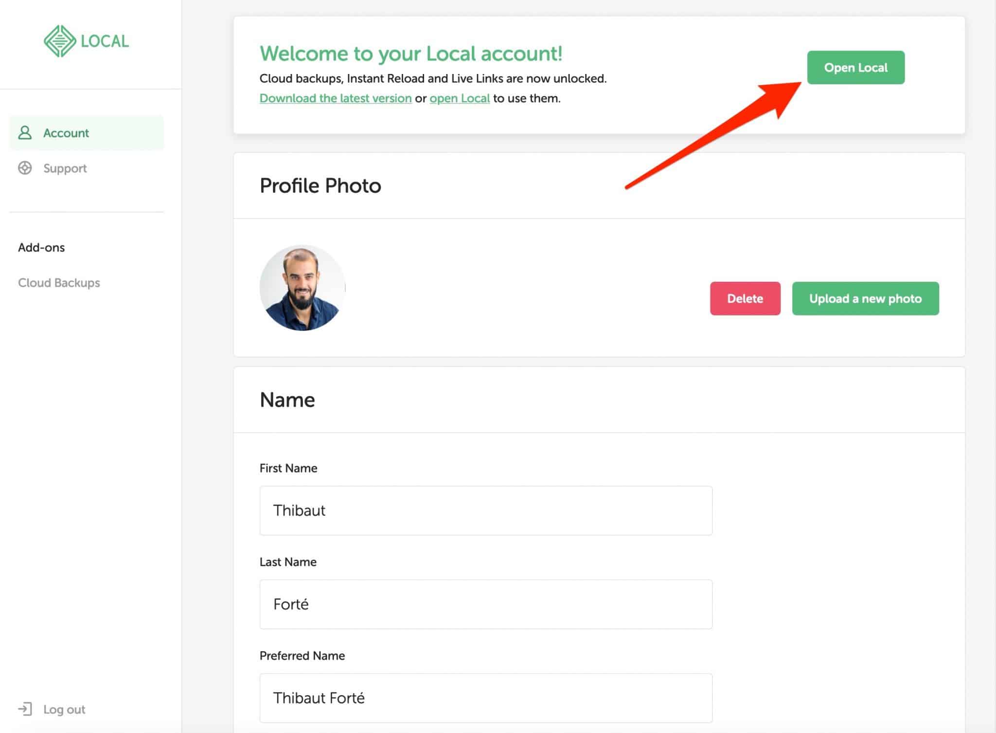 The online Local dashboard.