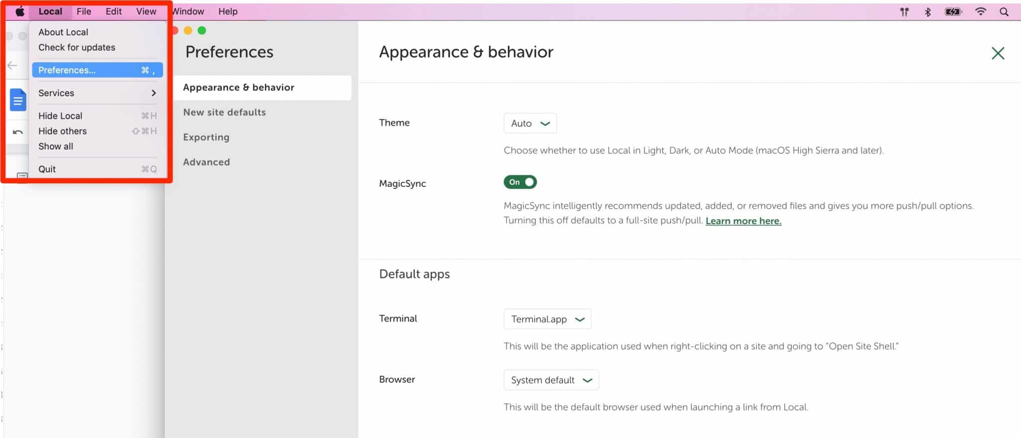 The preferences menu on Local by Flywheel.