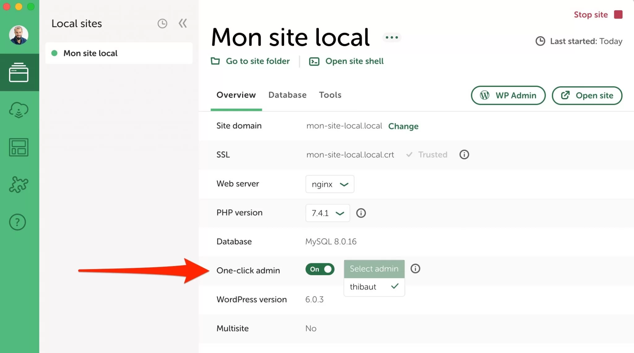 Local by Flywheel dispose d'une option pour se connecter en un clic à l'admin de WordPress.