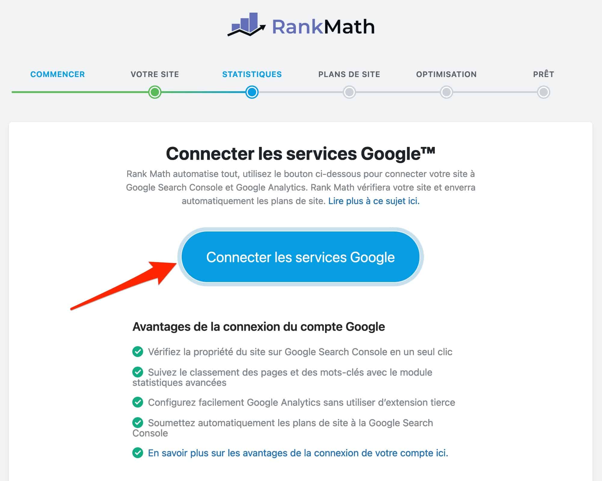 Connexion aux services Google de Rank Math SEO.