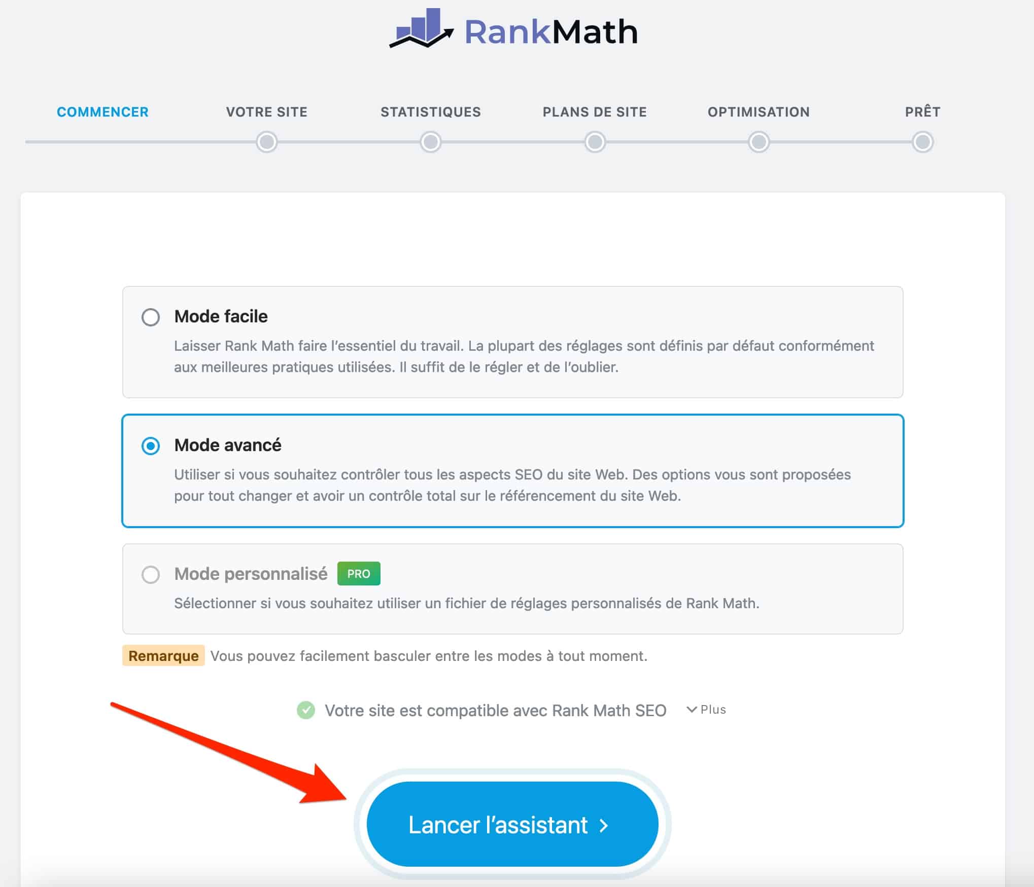Rank Math SEO dispose d'un assistant pour vous aider à paramétrer votre site.