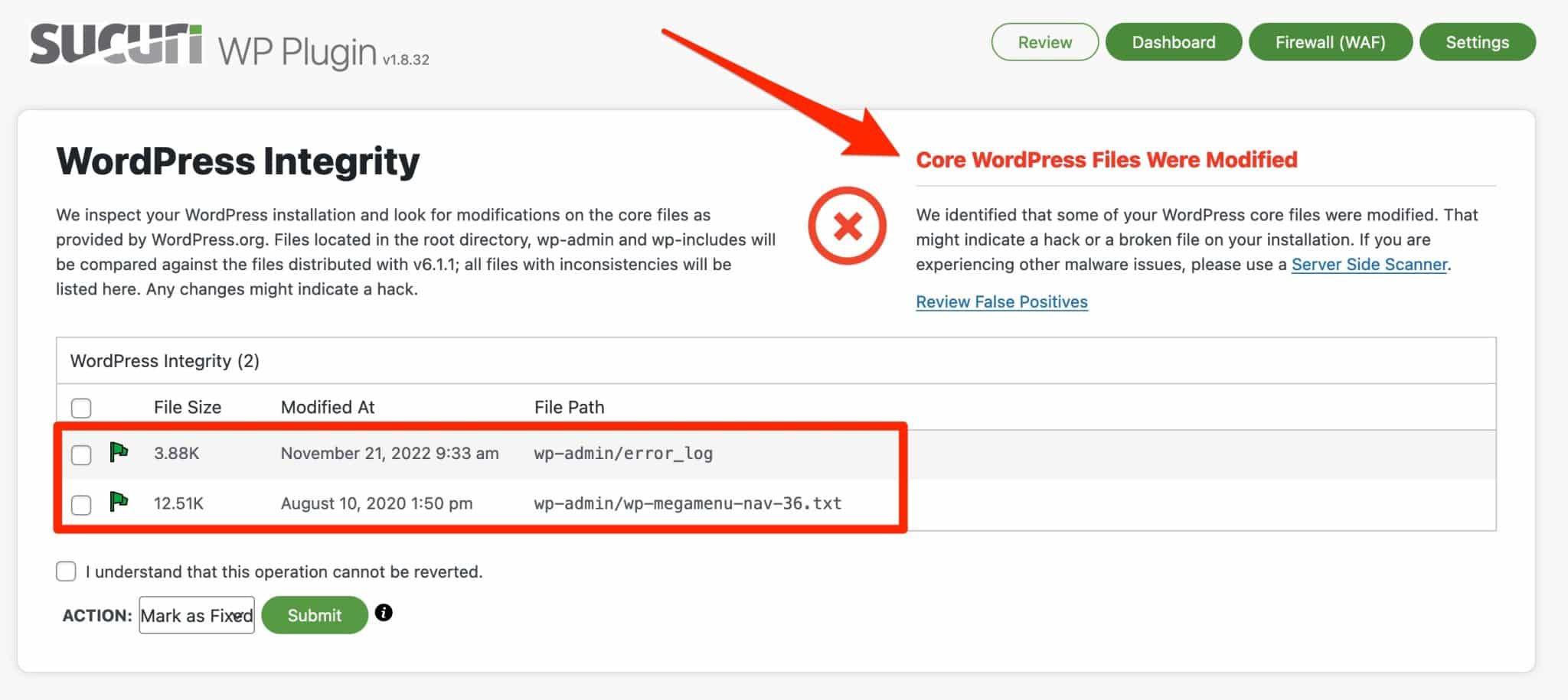 Sucuri peut vous dire si les fichiers du Core de WordPress ont été modifiés.