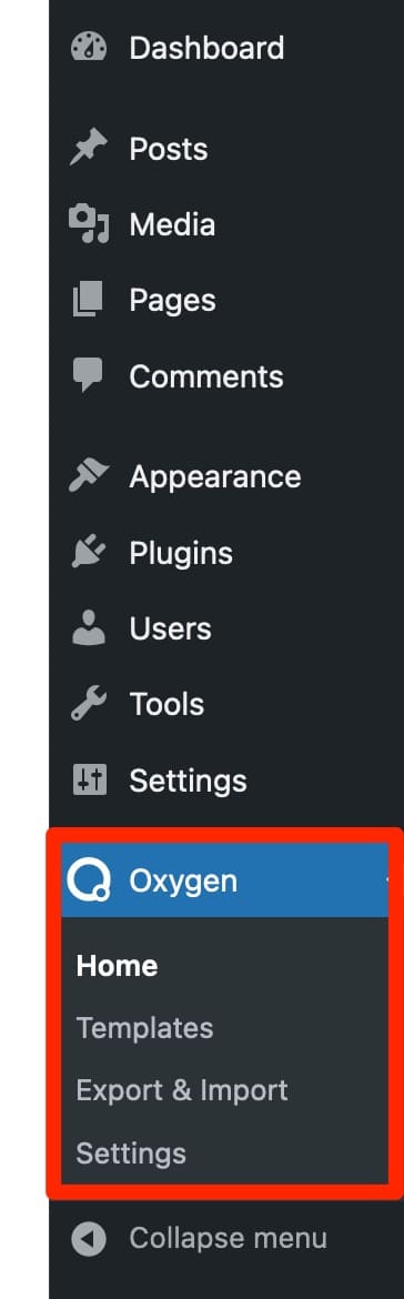 The Oxygen Builder menus on the WordPress admin. 