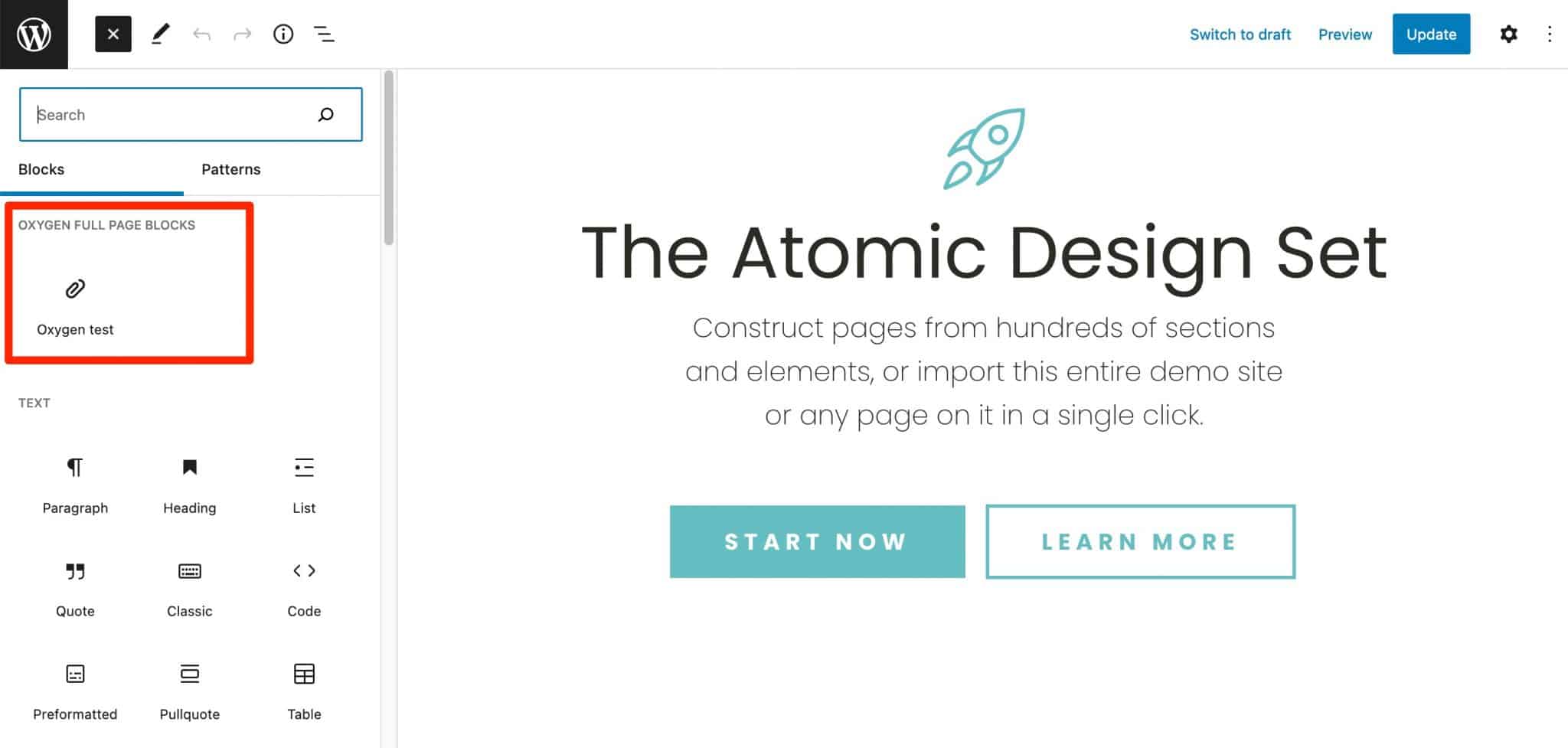 Blocks made with Oxygen are found in the Gutenberg interface.