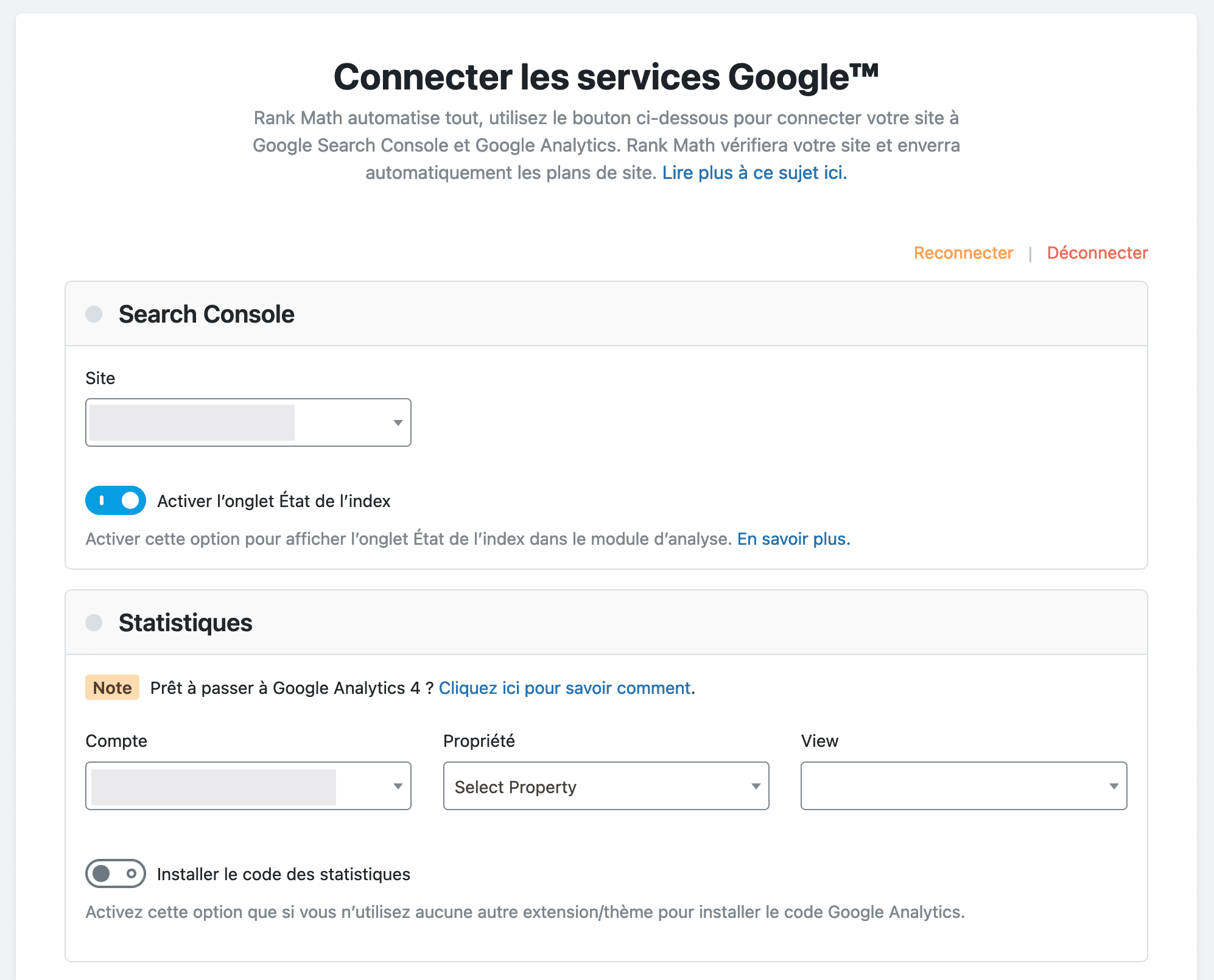 Connexion de Rank Math à la Google Search Console.