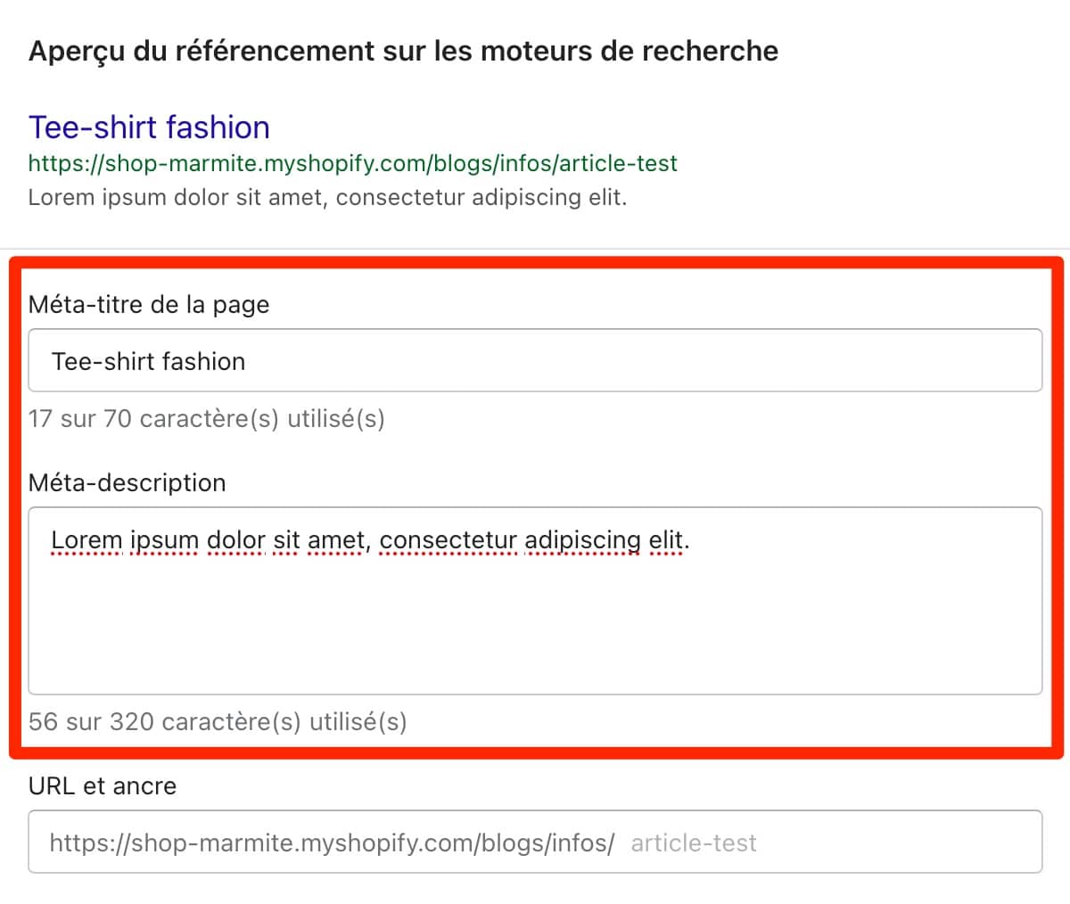 Shopify permet d'éditer les balises Title et Meta-description de vos contenus.