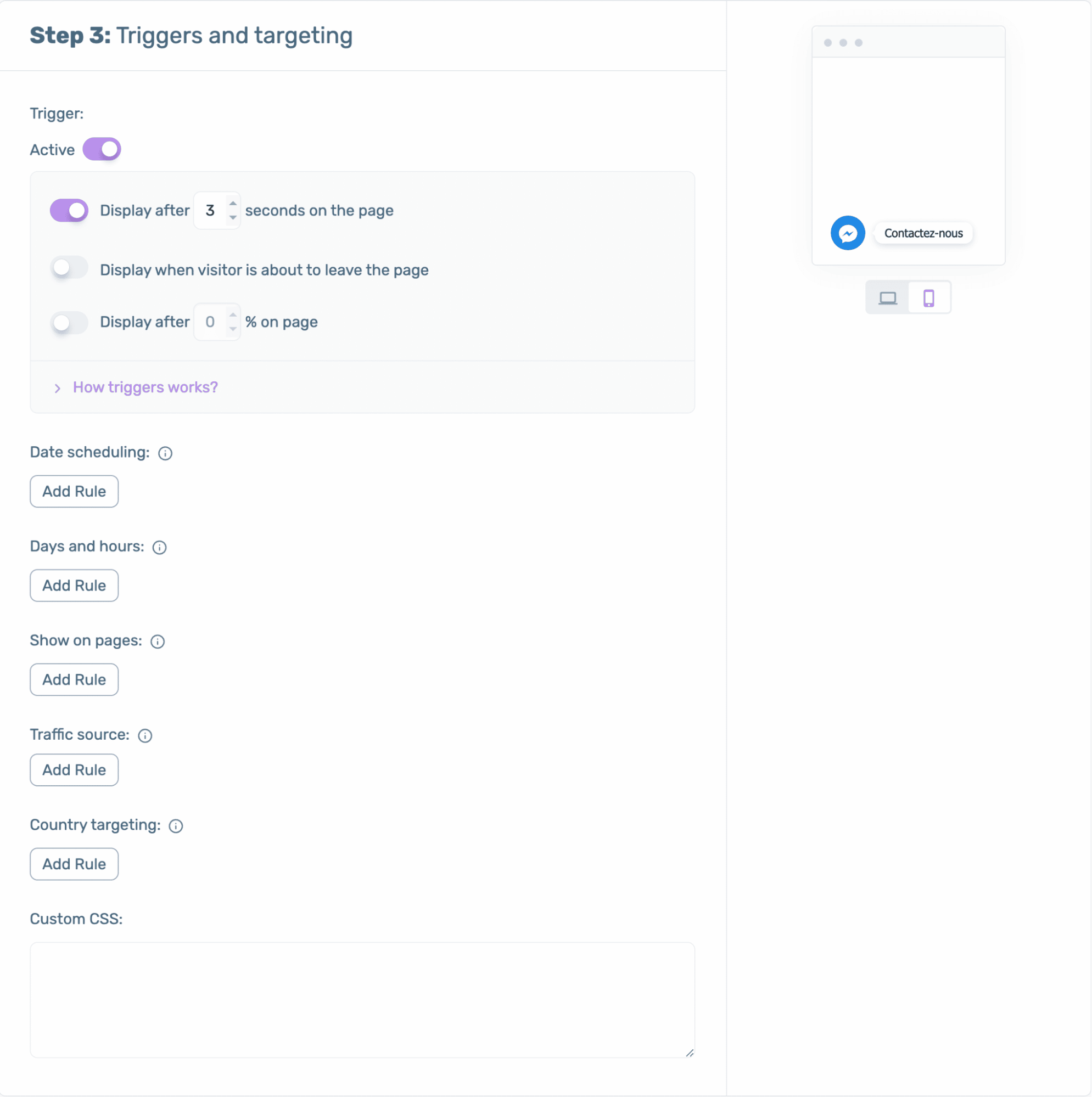 Options d'affichage du chat Facebook Messenger avec le plugin WordPress Chaty.