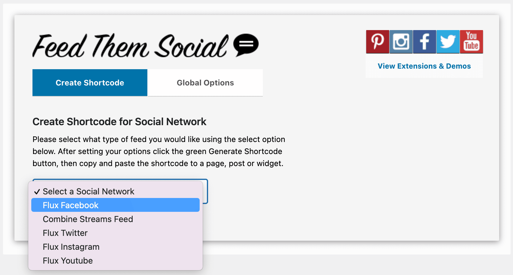 Génération d'un shortcode avec Feed Them Social pour afficher un fil d'actualités Facebook sur WordPress.