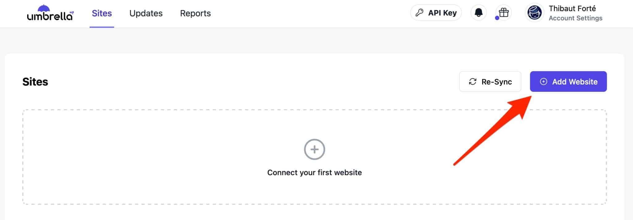 WP Umbrella interface with a button to add websites.