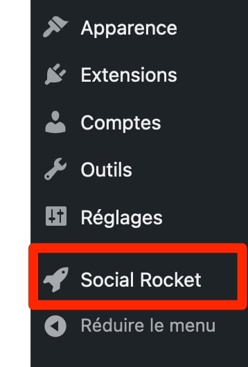Le menu de Social Rocket sur l'interface d'administration de WordPress.