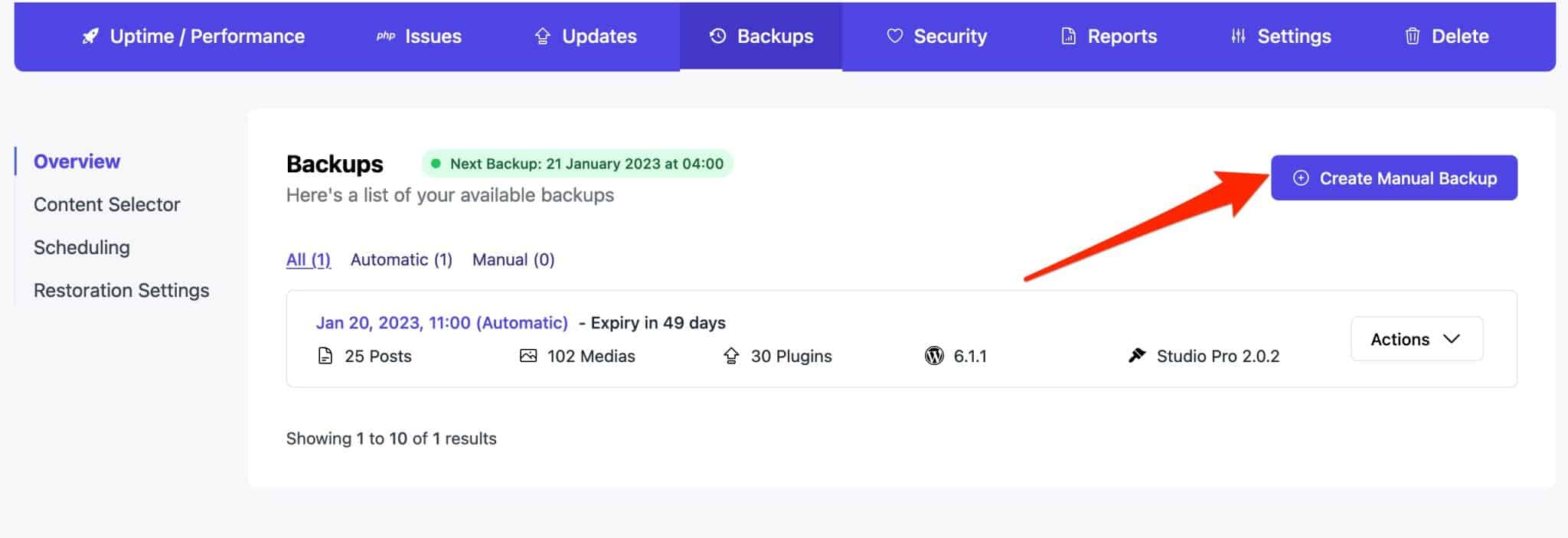 It is possible to create manual backups with WP Umbrella.