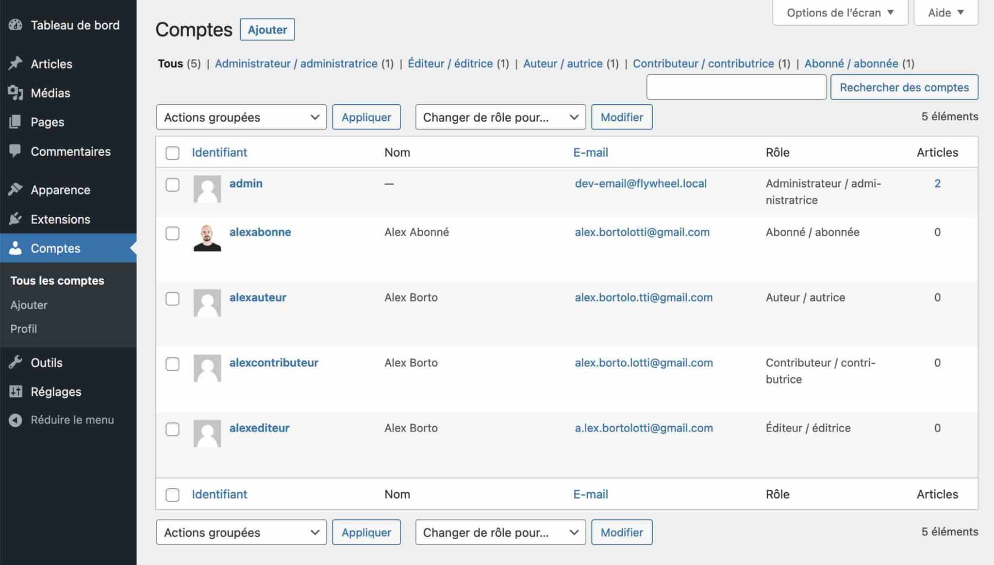 Présentation des différents comptes utilisateurs sur WordPress.