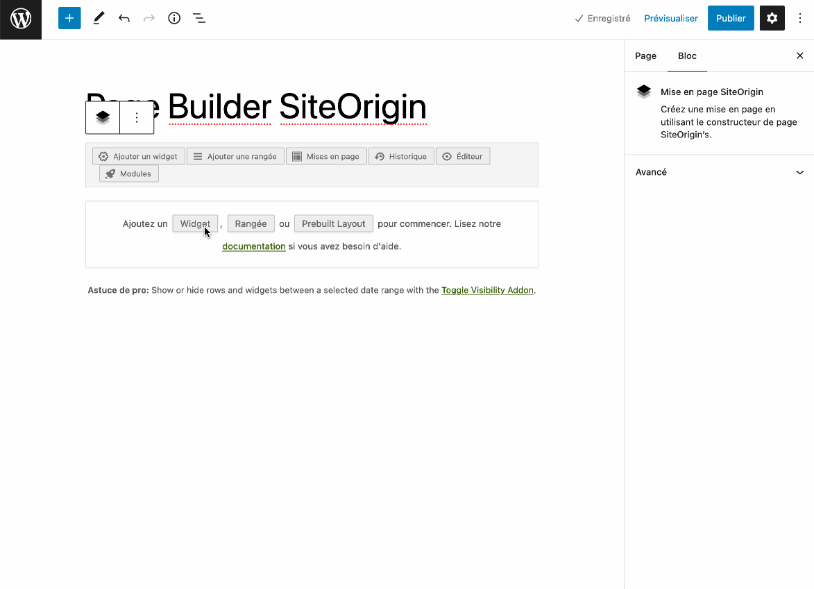 Processus d'ajout de widgets sur SiteOrigin Page Builder.
