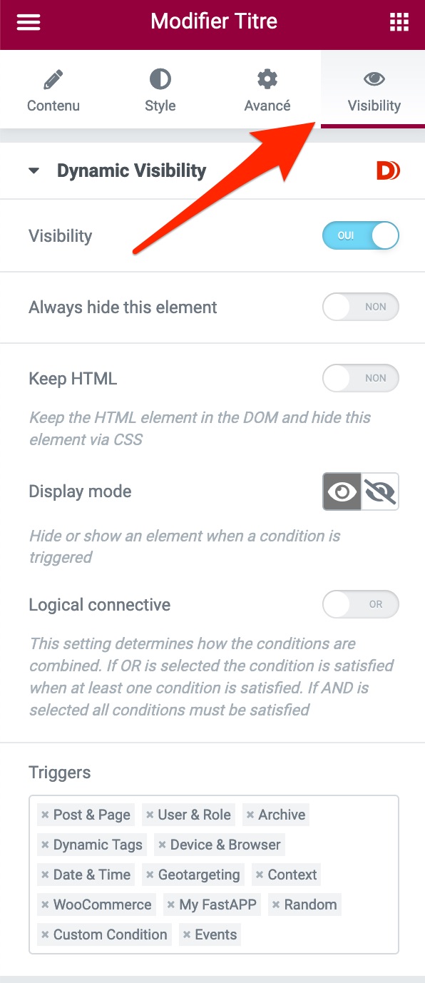 L'onglet Visibility de Dynamic Content for Elementor.