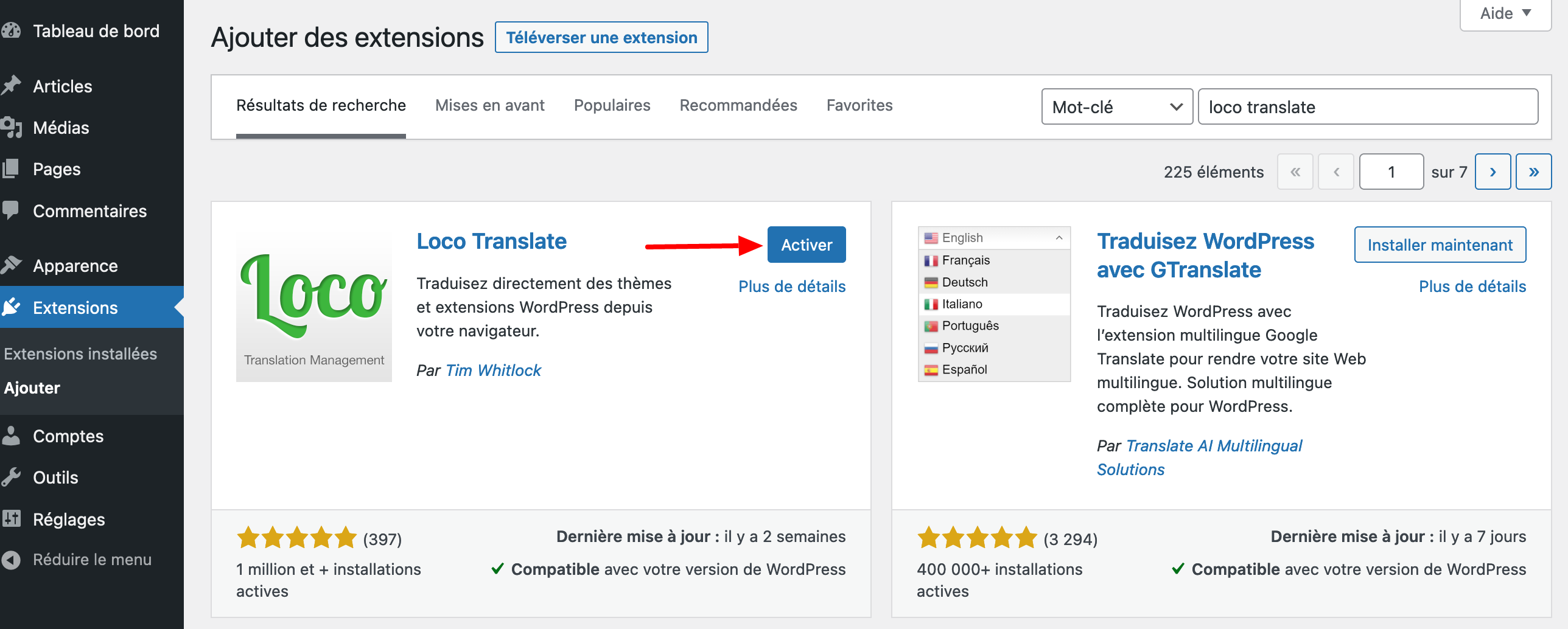 Activation de Loco Translate sur le back office de WordPress.