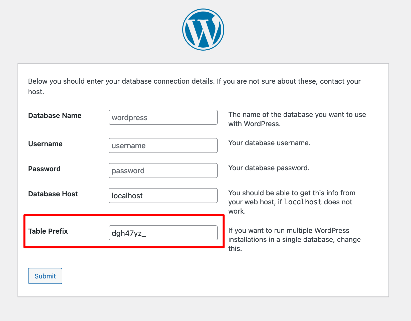 Modifying the database table prefix during installation.