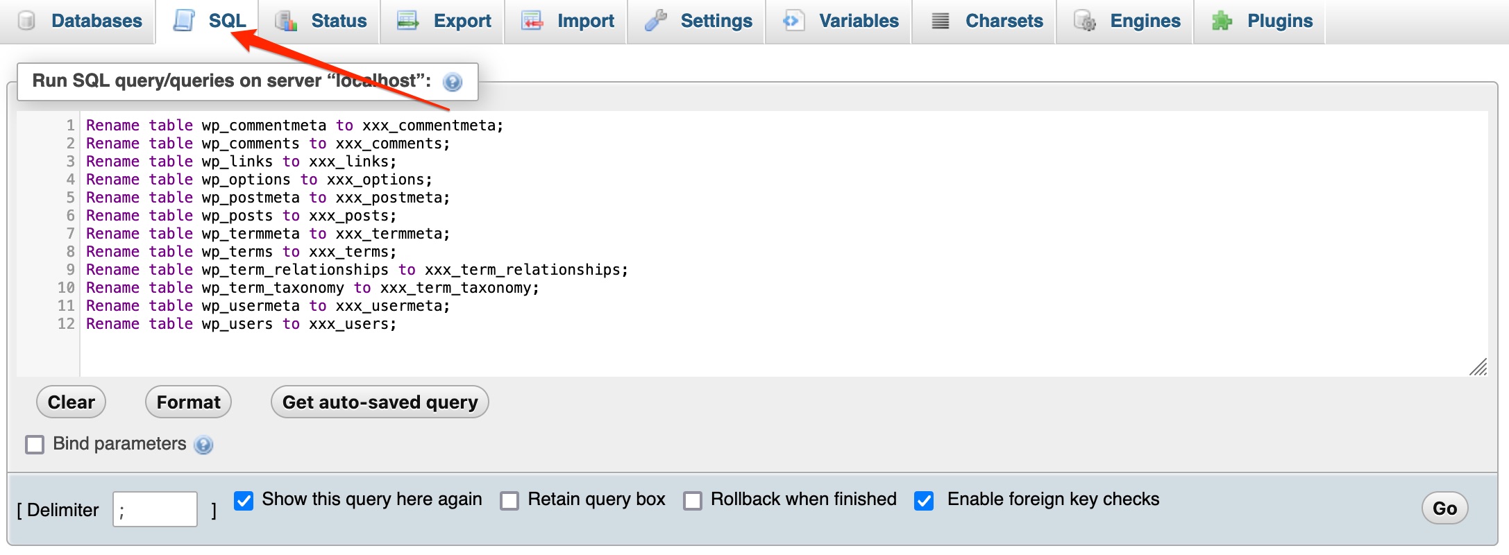 Running an SQL query through phpMyAdmin.