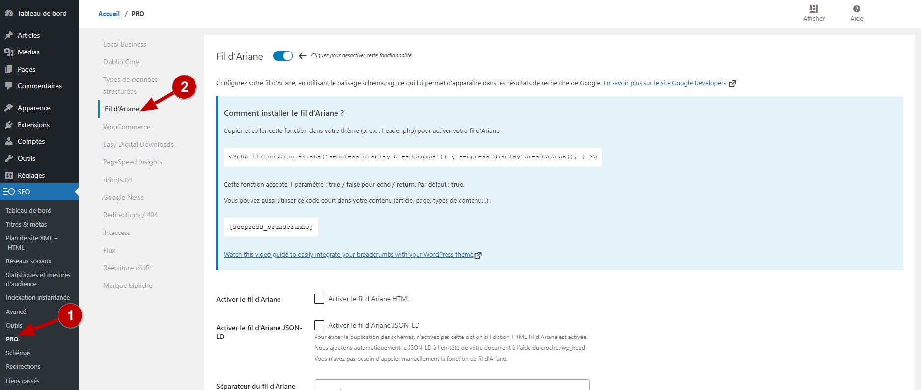 Intégration d'un fil d'Ariane sur WordPress avec l'extension SEOPress.