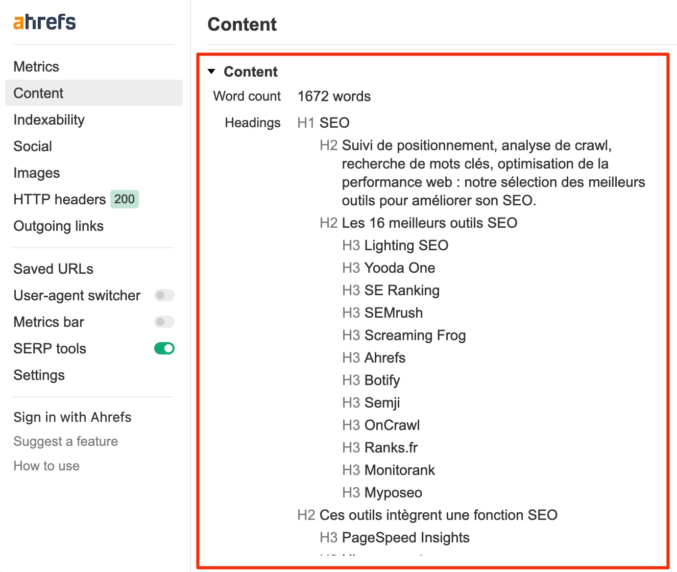 Analyse SEO on-page avec l'outil d'Ahrefs.
