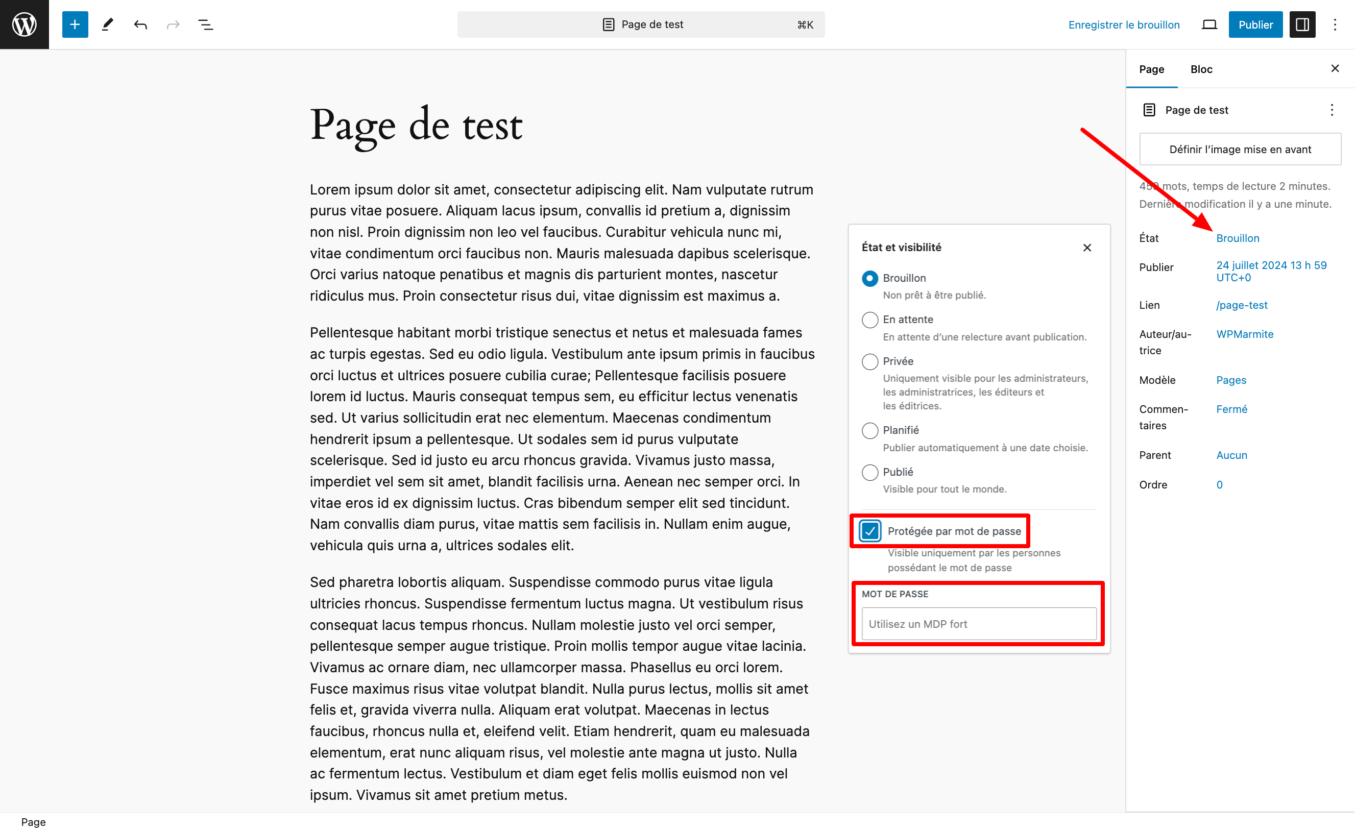 WordPress dispose d'une fonctionnalité native pour créer une page protégée par mot de passe.