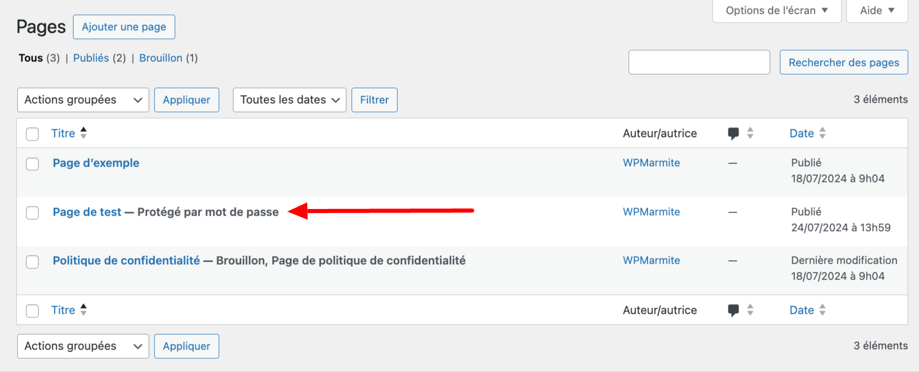Liste des pages protégées.