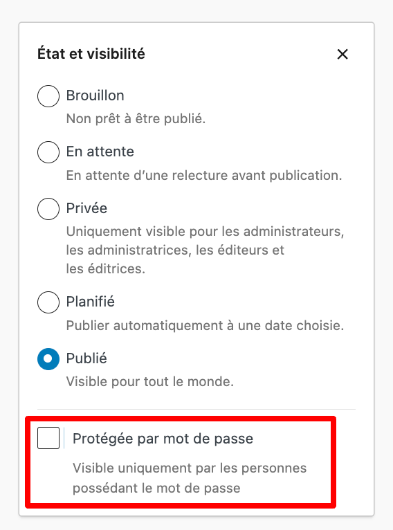 Visibilité publique d'une page. 