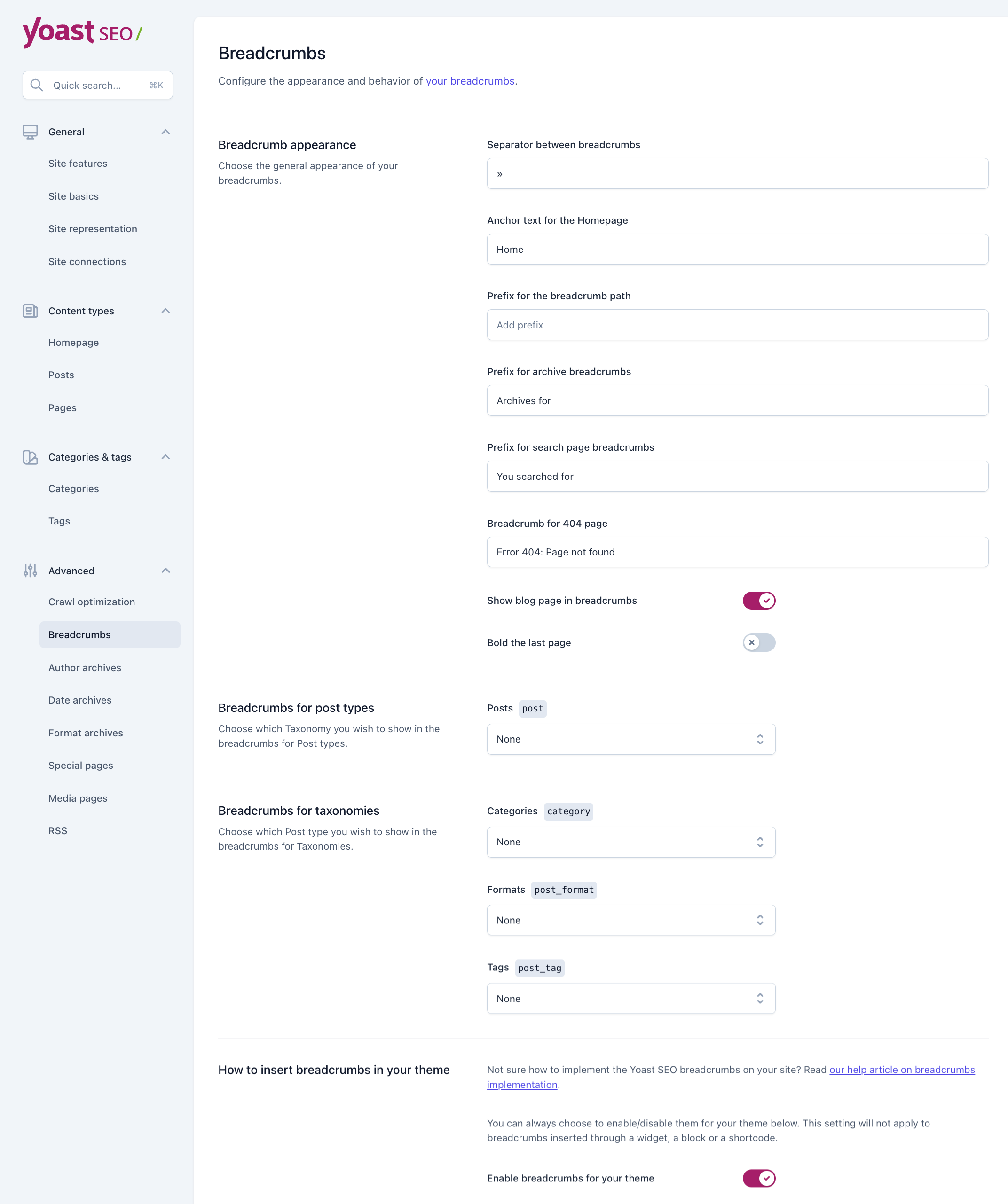 Breadcrumbs tab under the Advanced Yoast SEO settings.