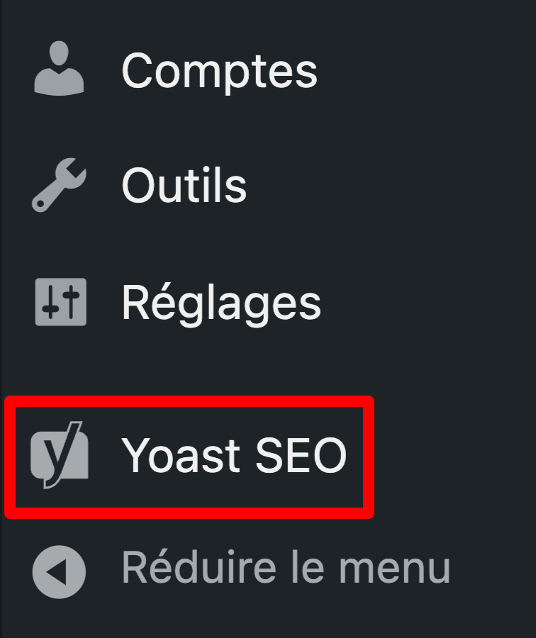 Le menu SEO dans les réglages de l'extension Yoast SEO.