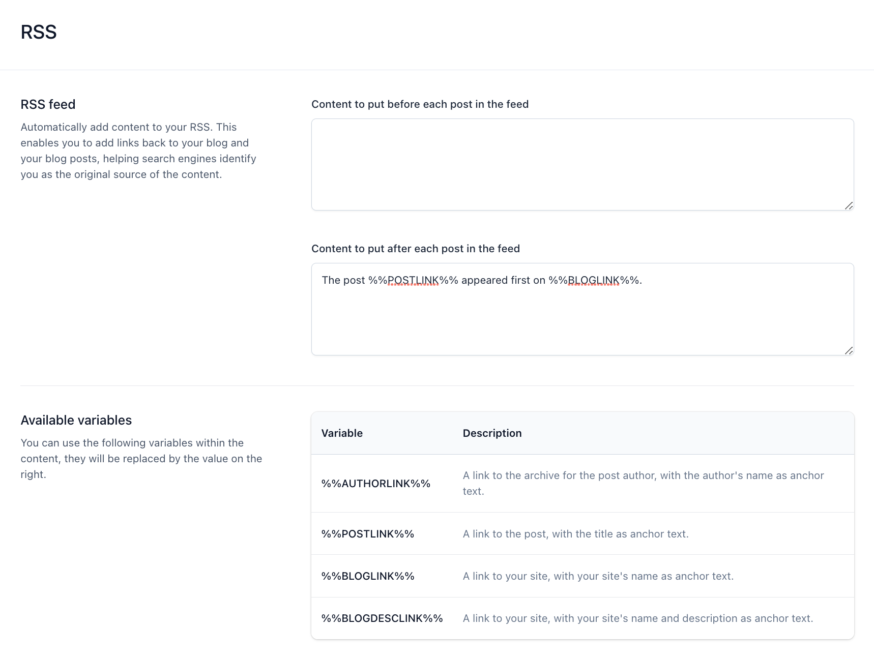 Yoast SEO allows you to edit how your site appears in an RSS feed.